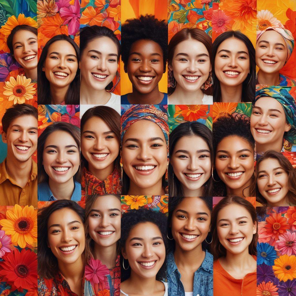 A collage of diverse smiling faces representing different cultures, interwoven with vibrant abstract backgrounds that evoke emotions; each portrait radiates joy and warmth, set against vivid colors and flowing shapes. Include elements like flowers, geometric patterns, and soft lighting to enhance the overall feeling of happiness and creativity. super-realistic. vibrant colors. soft focus.