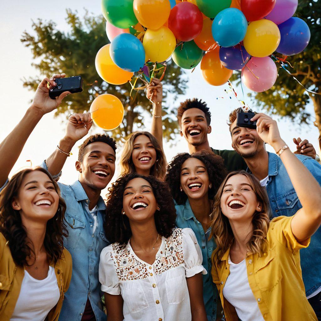 A lively outdoor scene depicting a diverse group of friends capturing joyful moments with their cameras, surrounded by colorful balloons and confetti. The sun sets in the background, casting a warm golden glow that enhances their smiles and laughter. Focus on the intricate details of their expressions and the playful atmosphere. vibrant colors. super-realistic.