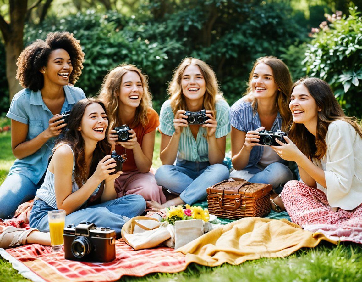 A vibrant outdoor scene with a joyful group of friends laughing and taking candid photos, surrounded by lush greenery and colorful flowers. Soft sunlight filters through the trees, creating a warm and inviting atmosphere. In the background, a vintage camera rests on a picnic blanket, symbolizing the art of capturing delightful moments. Emphasize the expressions of happiness and spontaneity. super-realistic. vibrant colors. natural lighting.